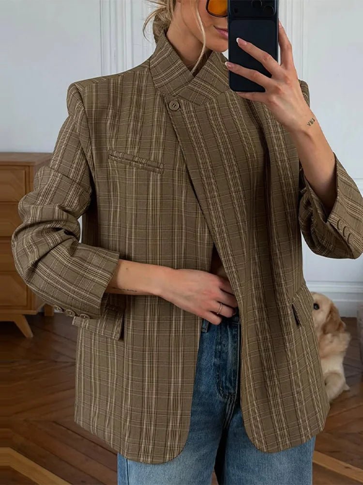 SOERA Katie Plaid Stand Collar Blazer - Blazer - SOERA-124163-BRO-M-88291 Brown M