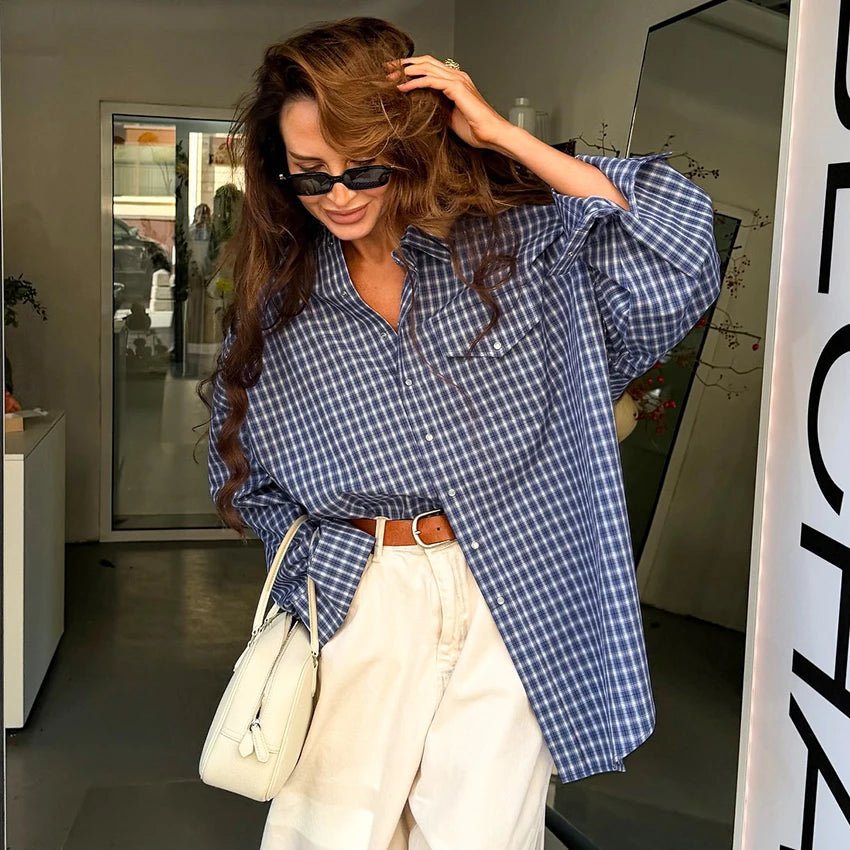 SOERA Julia Vintage Plaid Long Sleeve Top - Blouse - SOERA-204611-PLA-M-84579 Blue M